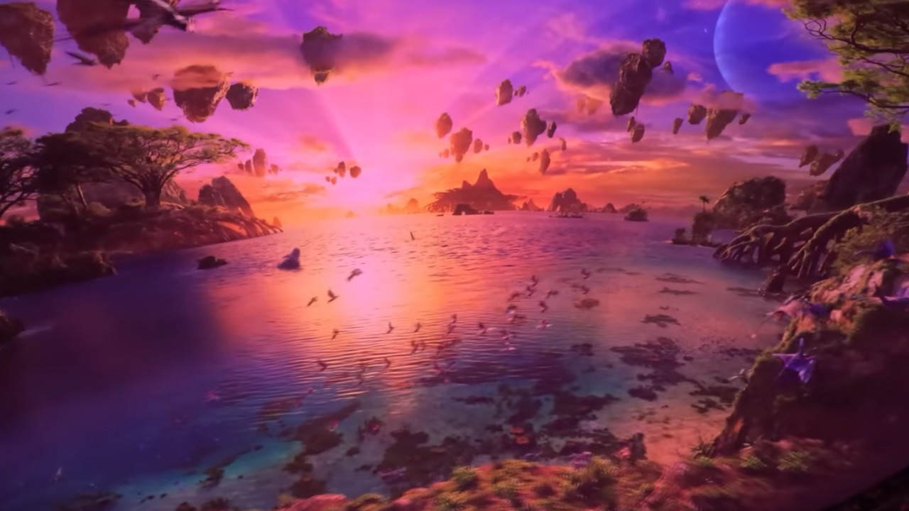 Flight of Passage Pandora Disneys Animal Kingdom Brightly colored animated scene of flying creatures alone coastline of alien planet
