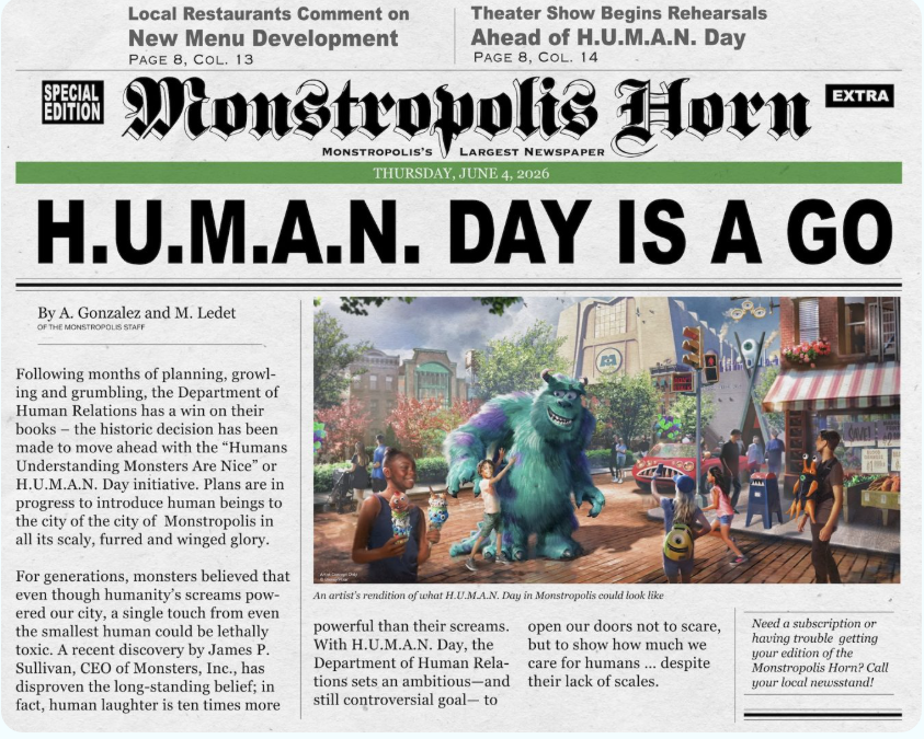 Fake newspaper announcing HUMAN Day for Monstropolis