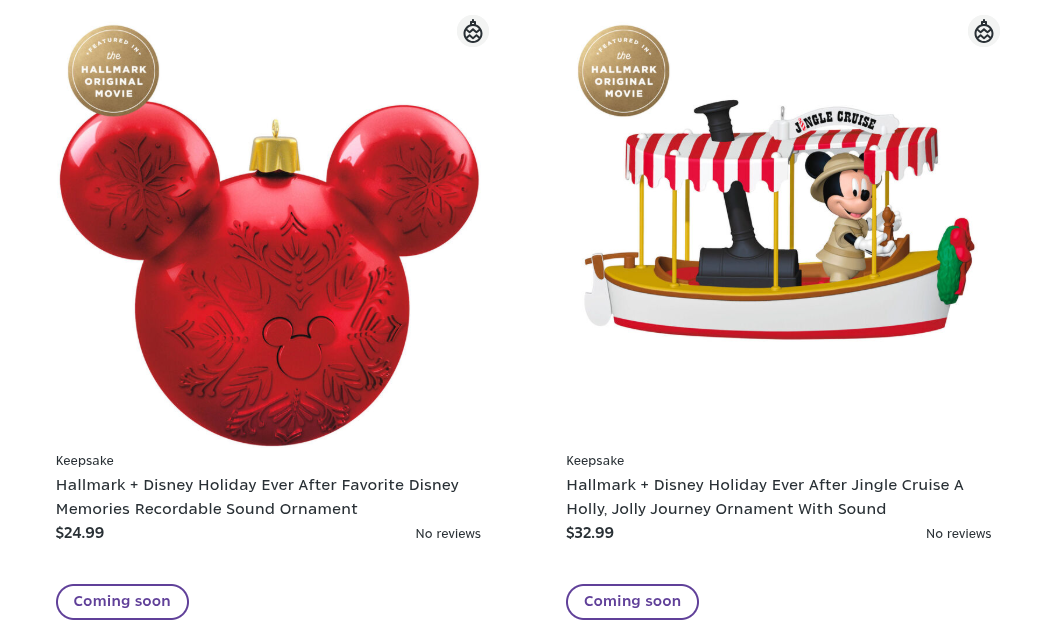 Listing for a red Mickey-shaped ornament and an ornament of Mickey driving a boat