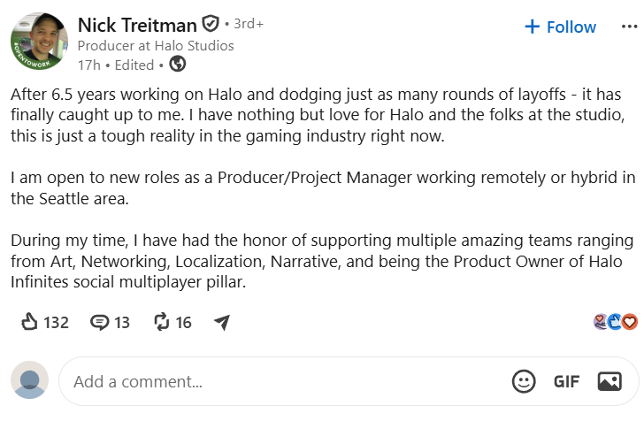 A Halo Studios producer's post on LinkedIn