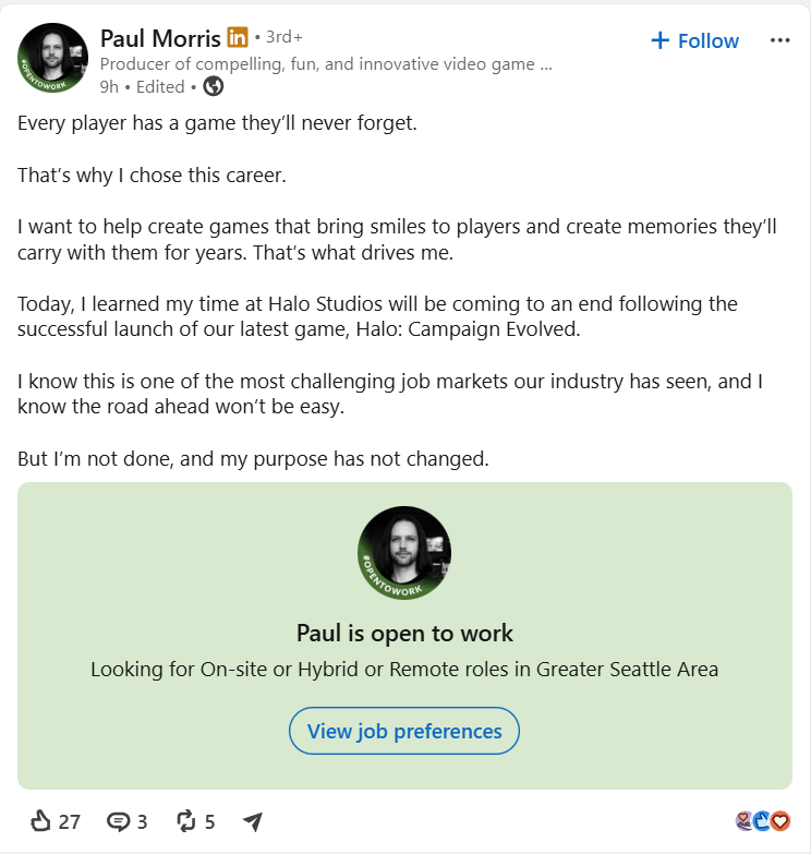 A LinkedIn Post from a Halo Developer