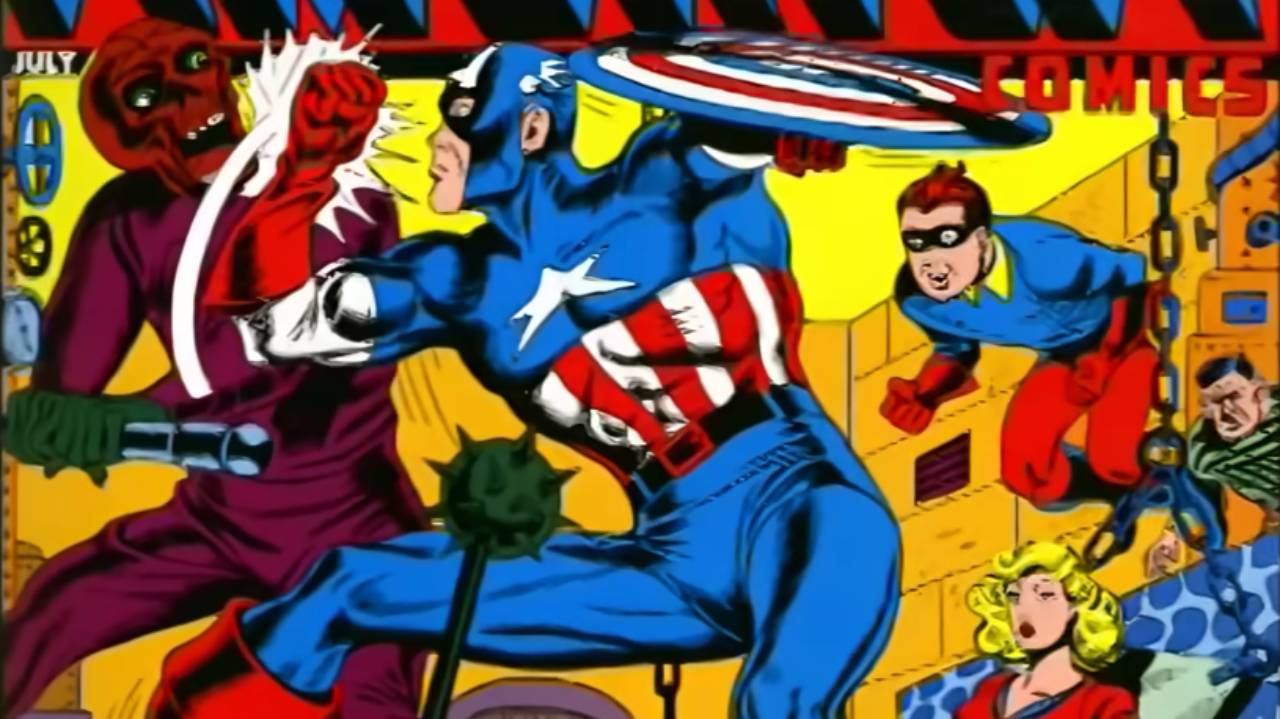 Comic book cover featuring Captain America punching Red Skull