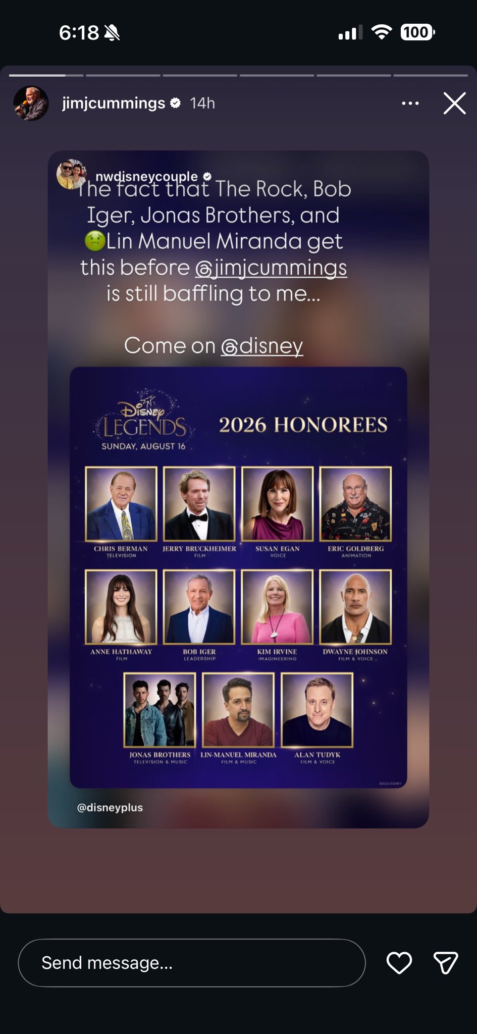 Jim Cummings Shares a post on Instagram blasting Disney for not making him a Disney Legend