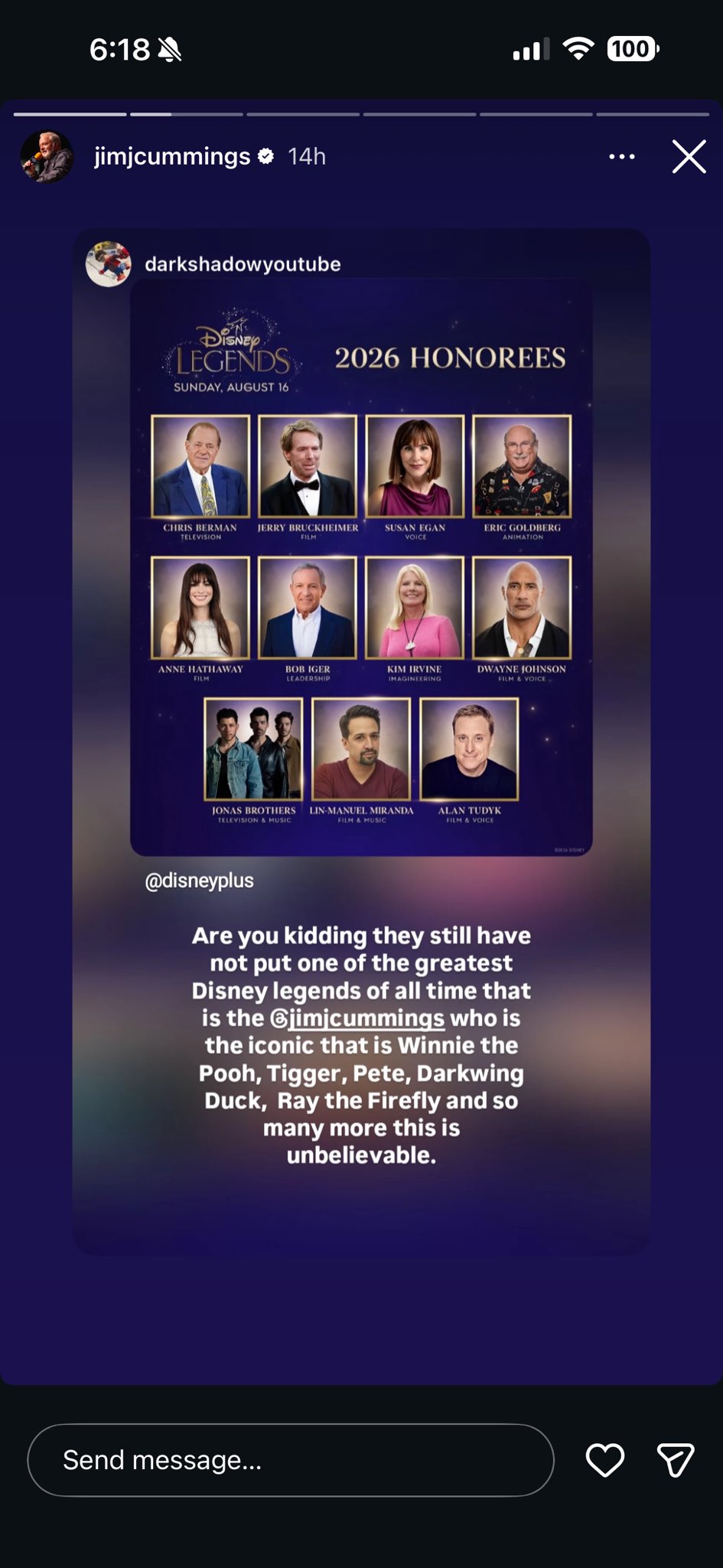 Jim Cummings Shares a post on Instagram blasting Disney for not making him a Disney Legend