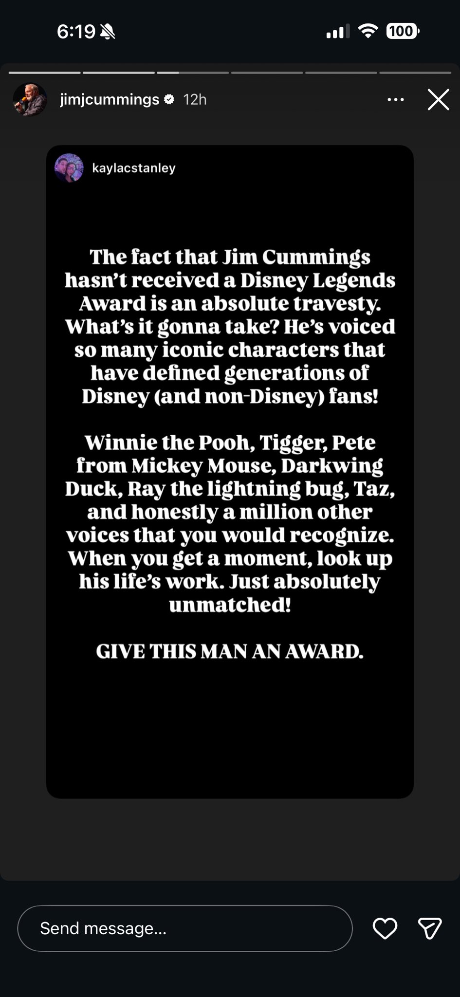 Jim Cummings Shares a post on Instagram blasting Disney for not making him a Disney Legend