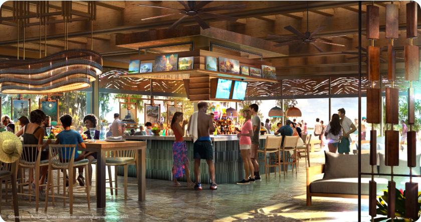 Concept art for outdoor bar with tables around, tropical design