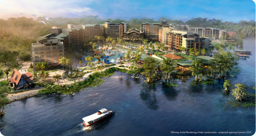 Concept art for Lakeshore Lodge, drawn as an aerial view overlooking it from Bay Lake