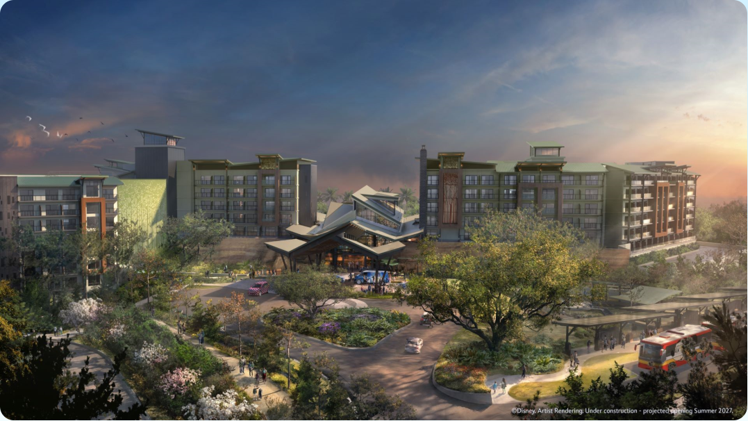 Concept art for large hotel resort with modern, angled entrance building