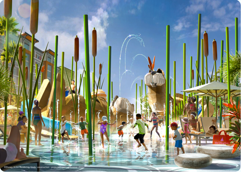 Art for kids' splash pages with large green cattail features and large otter spraying water