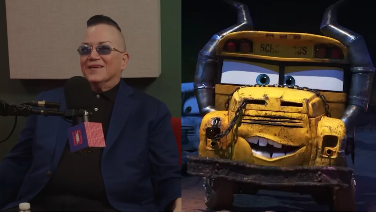 Lea DeLaria, Miss Fritter Woman with mohawk next to Pixar-style bus with horns