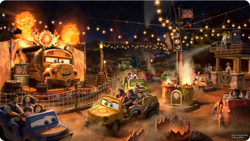 Concept art showing families in Cars-styled vehicles in derby-like setting, overlooked by a large school bus