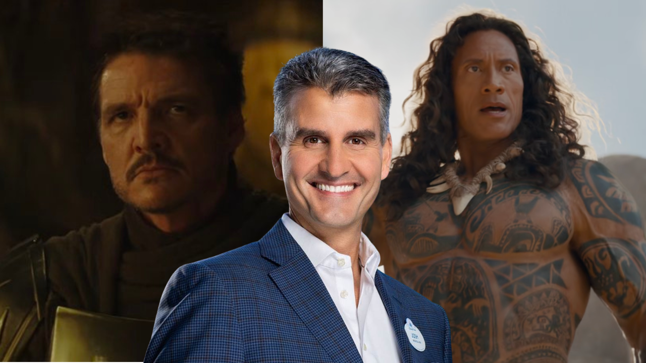 Pedro Pascal as The Mandalorian, Dwayne The Rock Johnson as Maui, and Disney CEO Josh D'Amaro