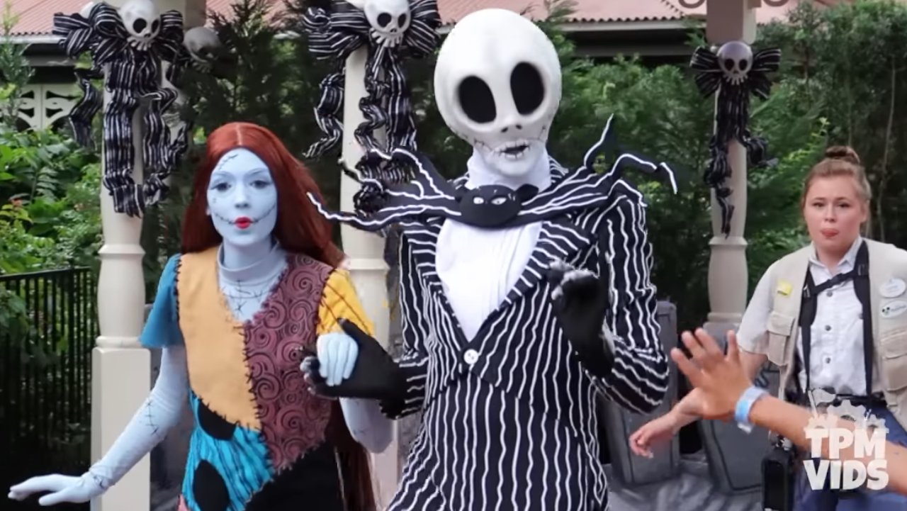 Cast members dressed as Sally and Jack Skellington from Nightmare Before Christmas