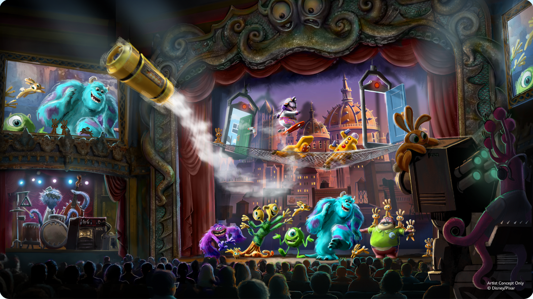 Welcome to Monstropolis concept art Concept art for the Monsters Inc. monsters on a stage as a laugh canister flies off into the audience