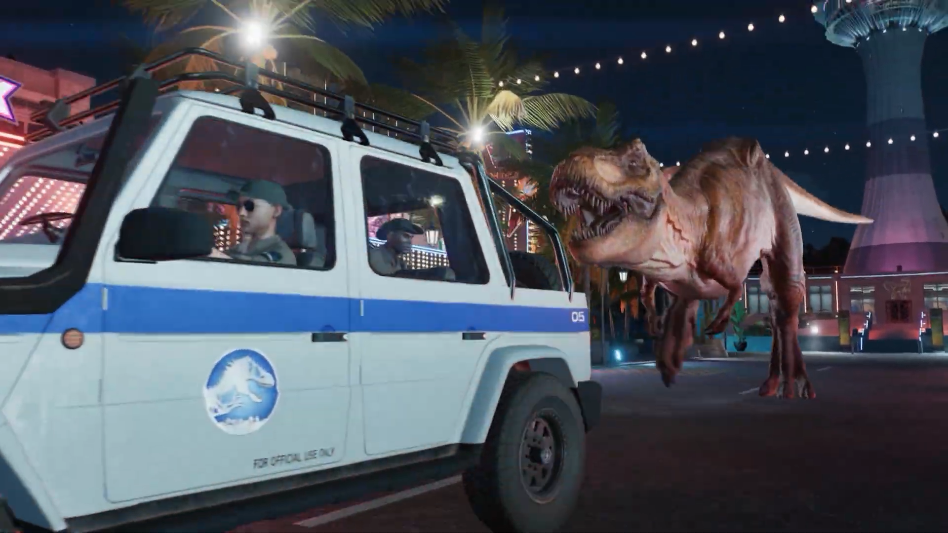 Video game image of a T-rex chasing a truck through a theme park
