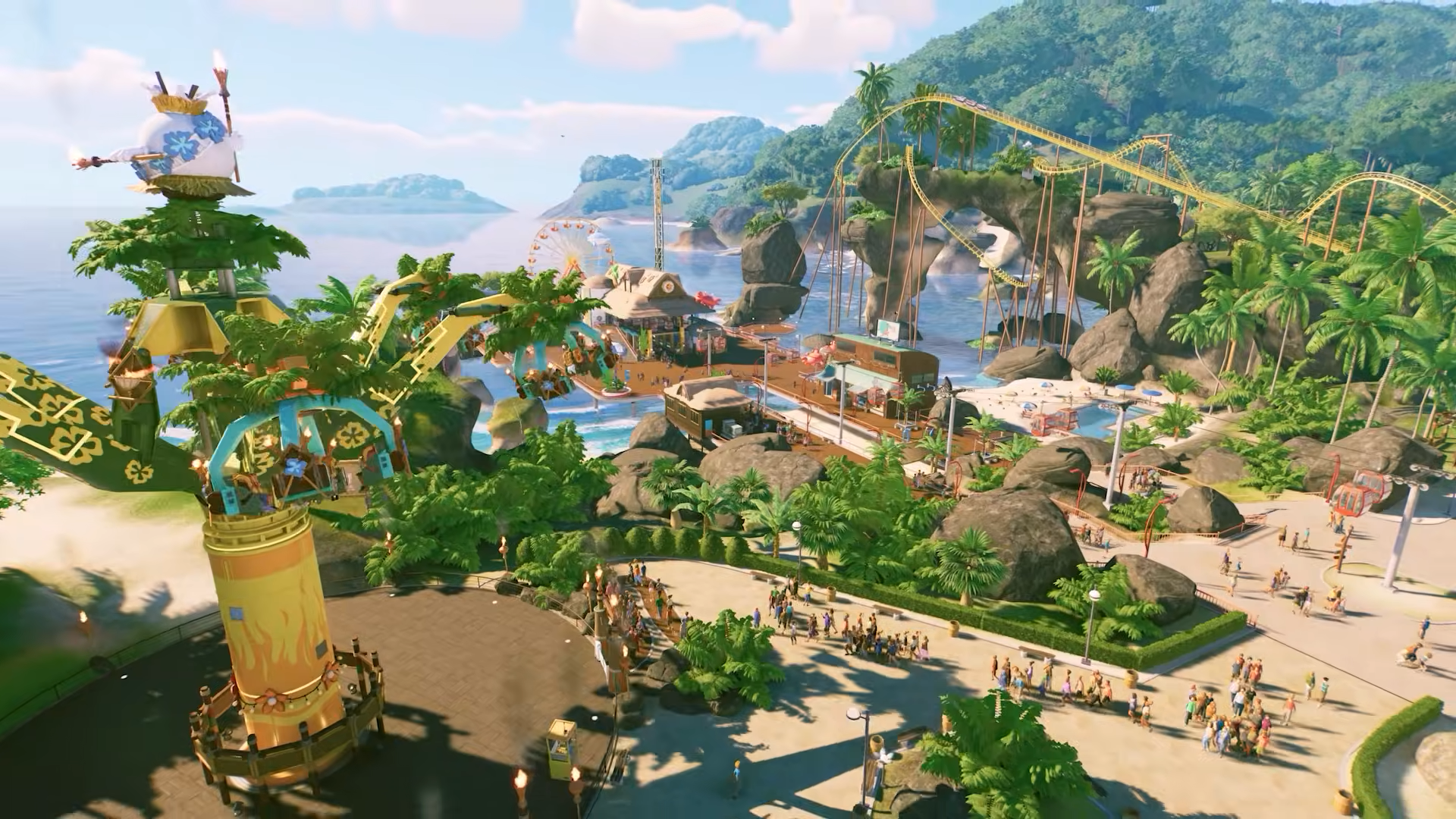 Video game image of an island theme park