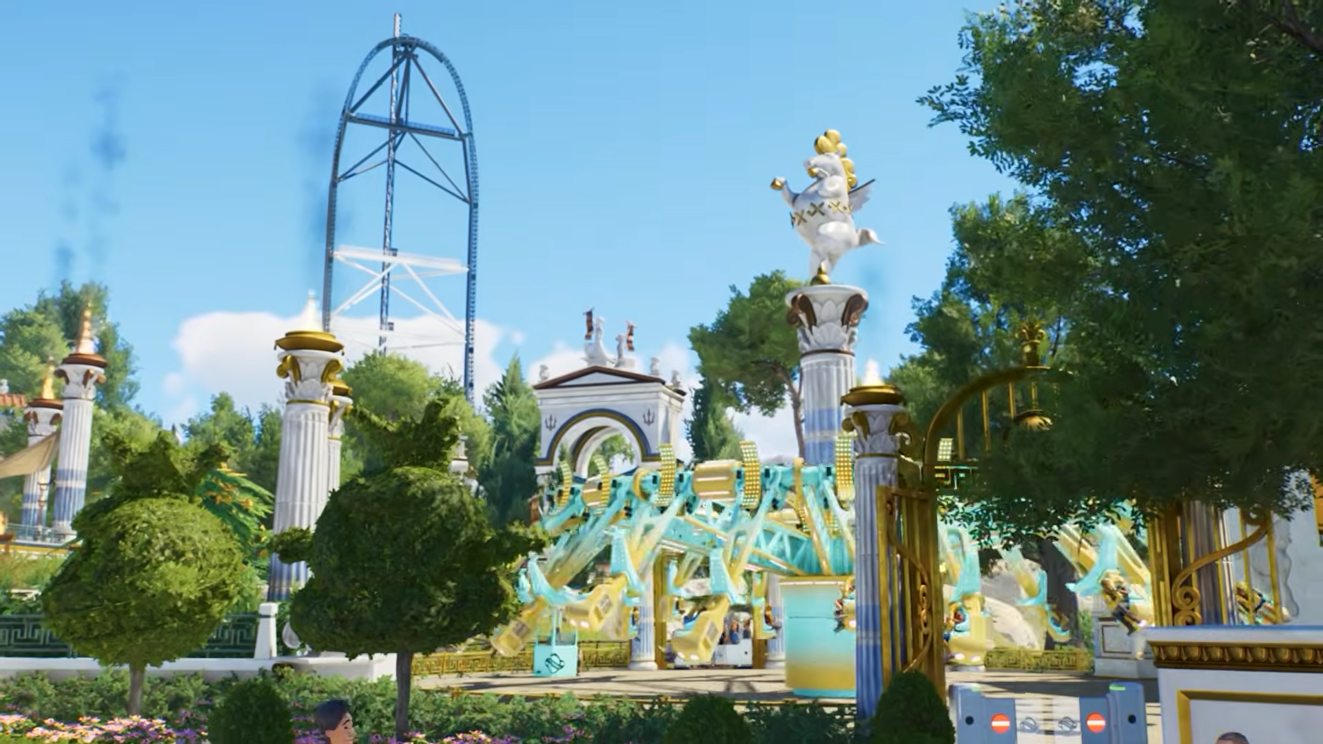 Video game image of a garden theme park