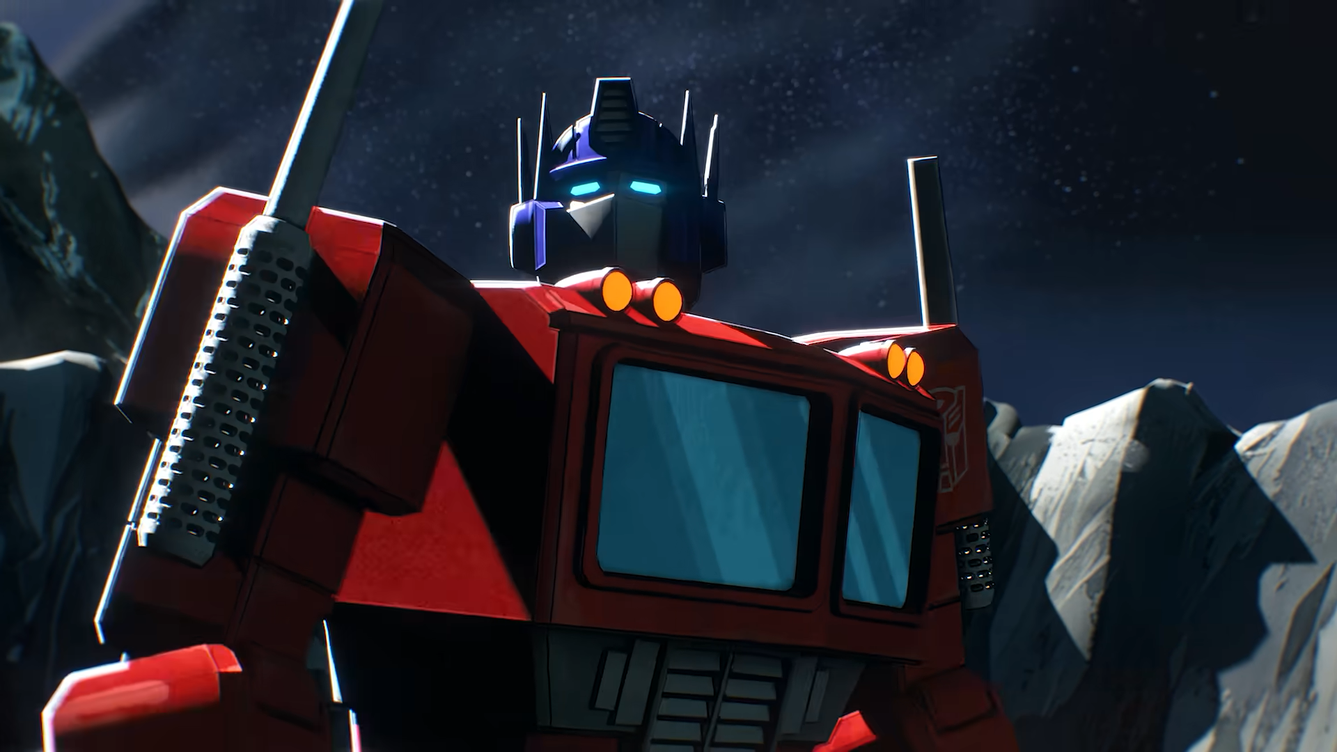(512) Optimus Prime Awakening EXCLUSIVE CLIP ONLY in Theaters! 00-00-20 Optimus Prime stands against a night sky.