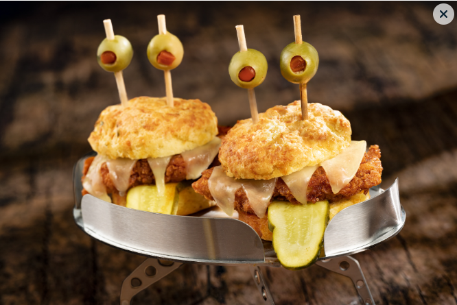 Chicken Sliders with olives on skewers to look like eyes