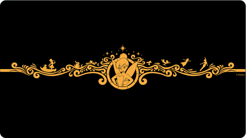 Golden image of Tinker Bell with other Peter Pan characters silhouetted among the filigre