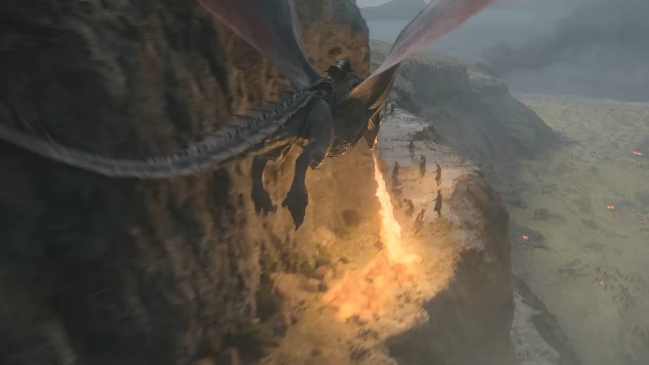 A flying dragon spewing flame