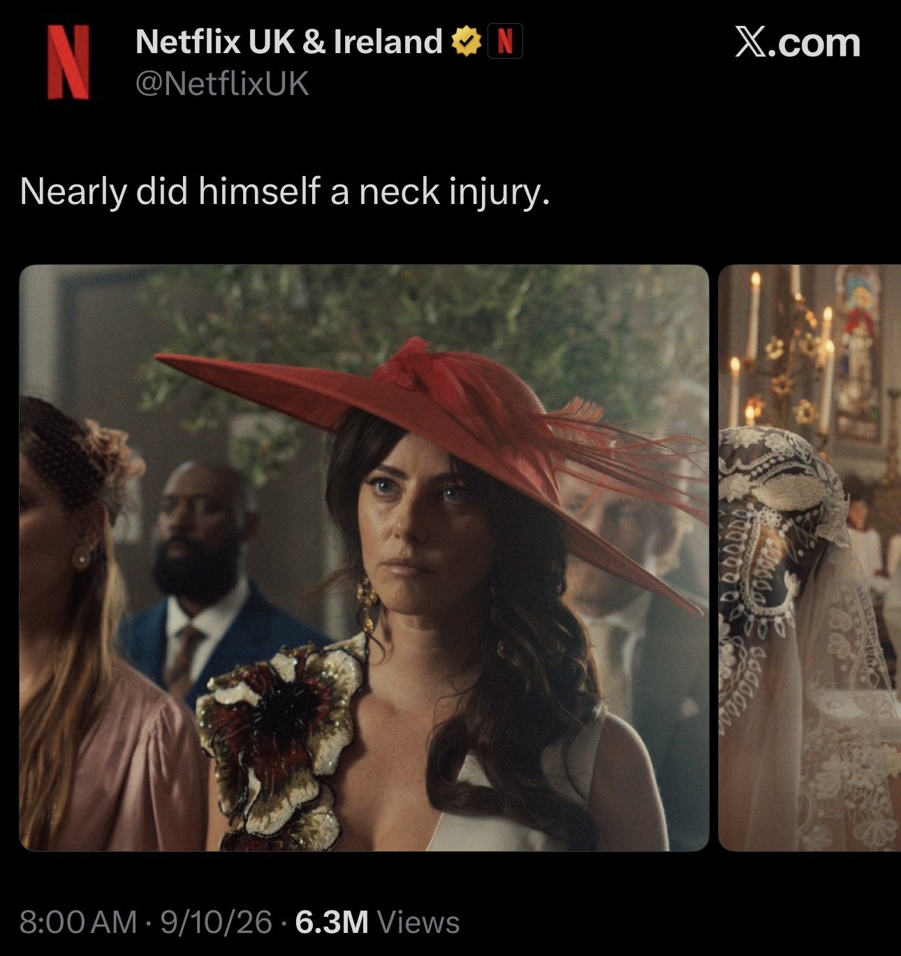 A netflix X post about a neck injury posted on September 10, 2026