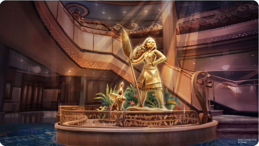 Concept art of statue of Moana, Pua, and Hei-hei in front of a staircase in a grand hall
