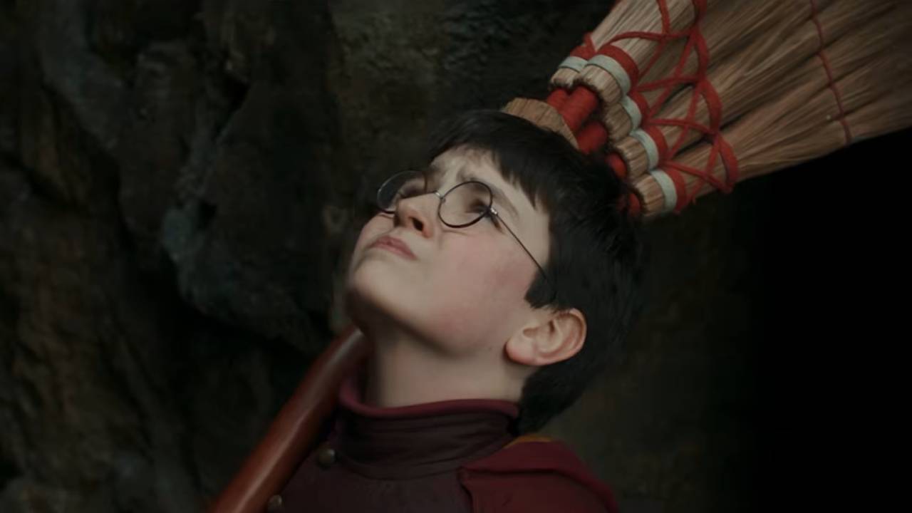 Quidditch Harry Potter looking skyward with his broom over his shoulder