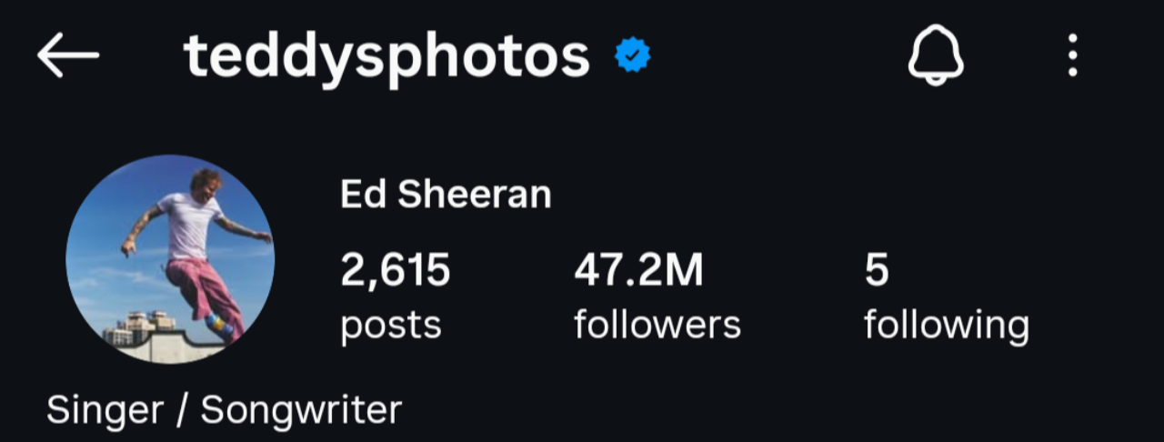 Screenshot of Ed Sheeran's Instagram header