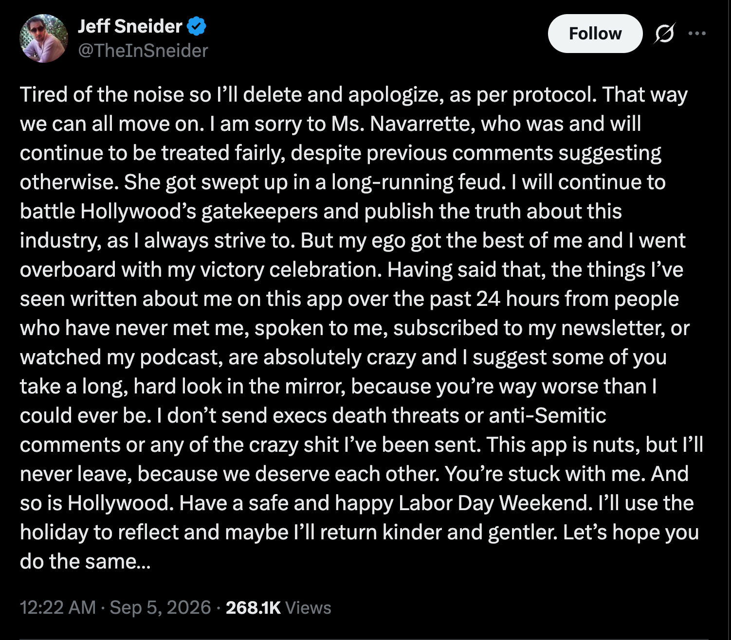Jeff Sneider's first attempt at an apology after threatening Inde Navarrette