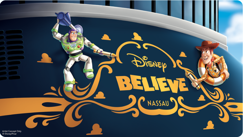 Concept art of Buzz and Woody drawing "Disney Believe" on the stern of the ship