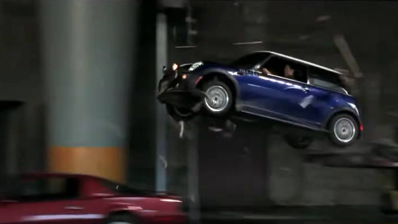 The Italian Job car jump A small car flies through the air