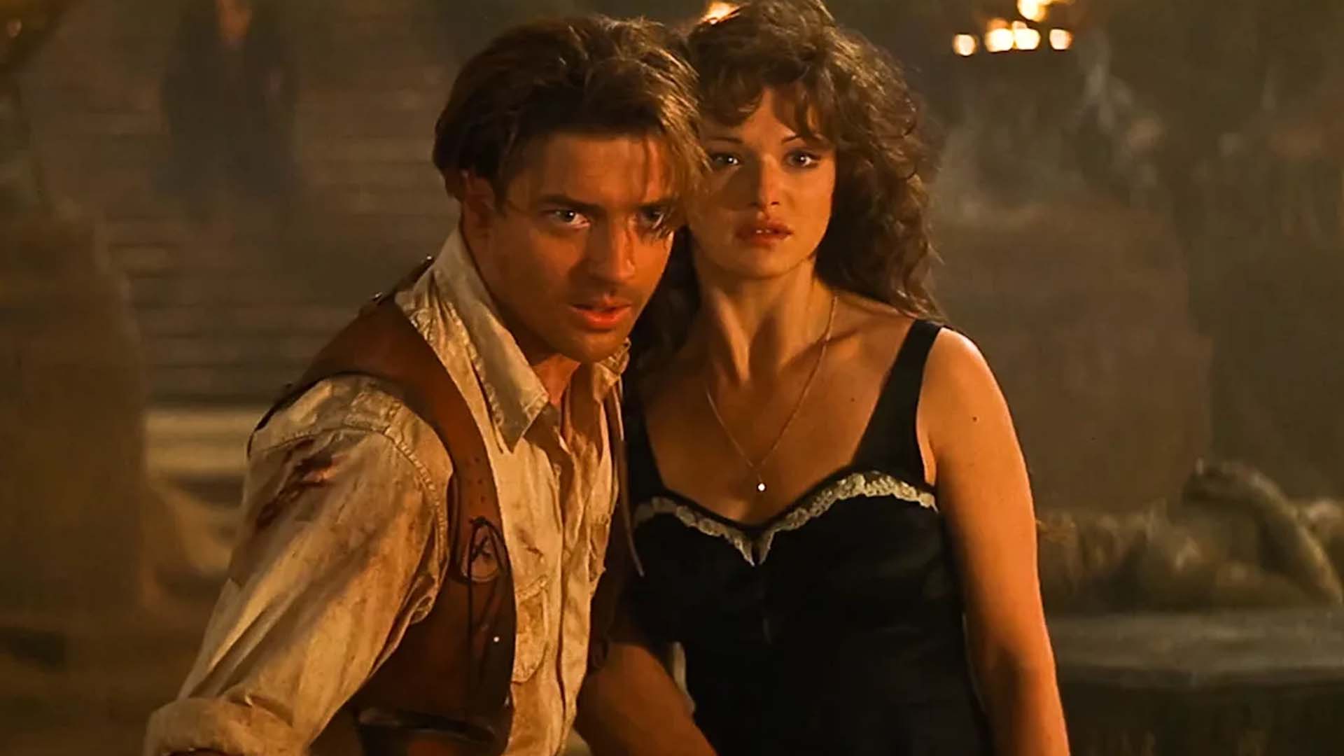A man and a woman in 1930s clothes look at an oncoming threat