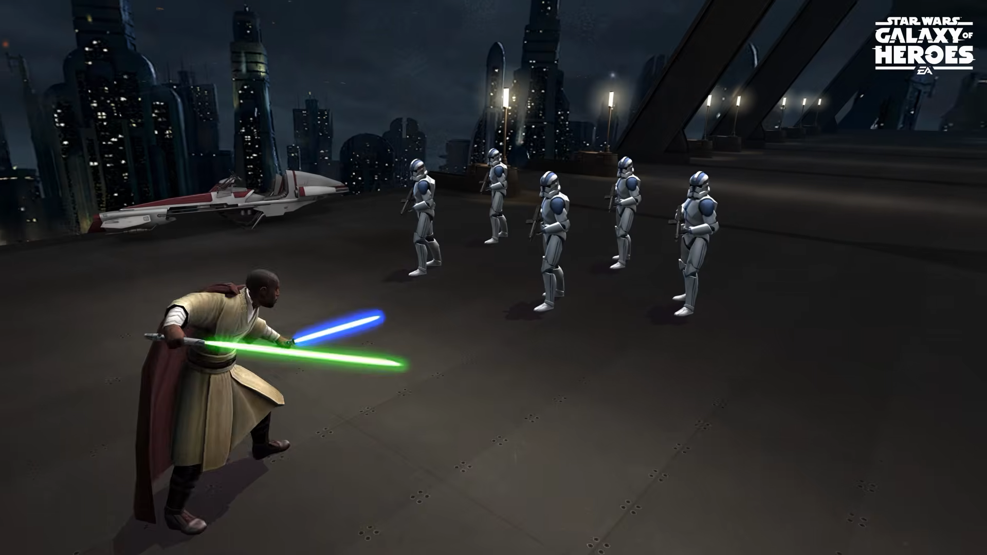 Video game image of a Jedi preparing to fight Storm Troopers