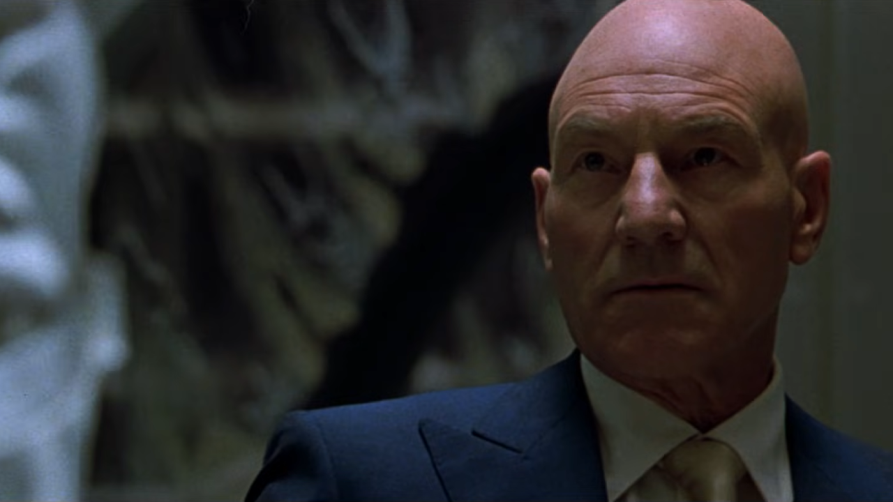 Patrick Stewart as Professor X, somber