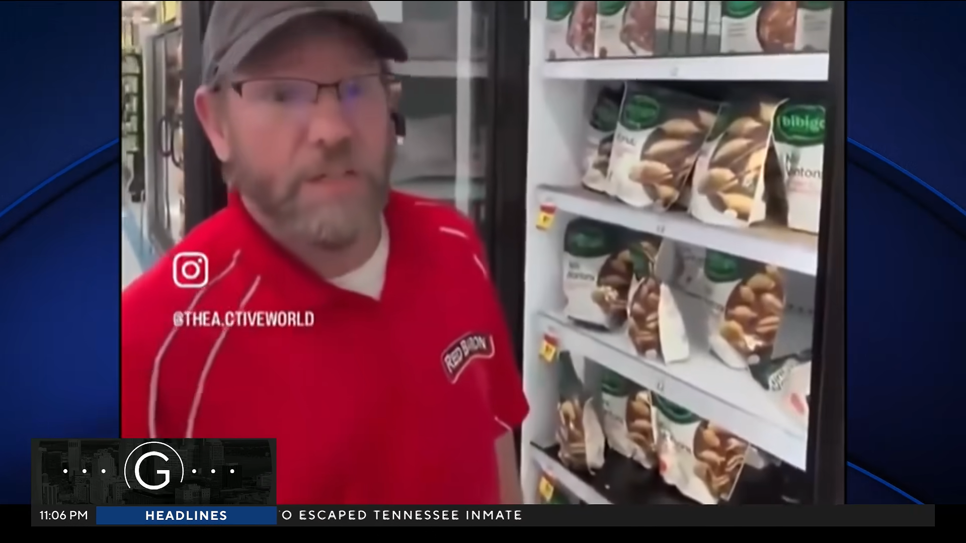 News clip of a man in a hat and polo in front a grocery store freezer case
