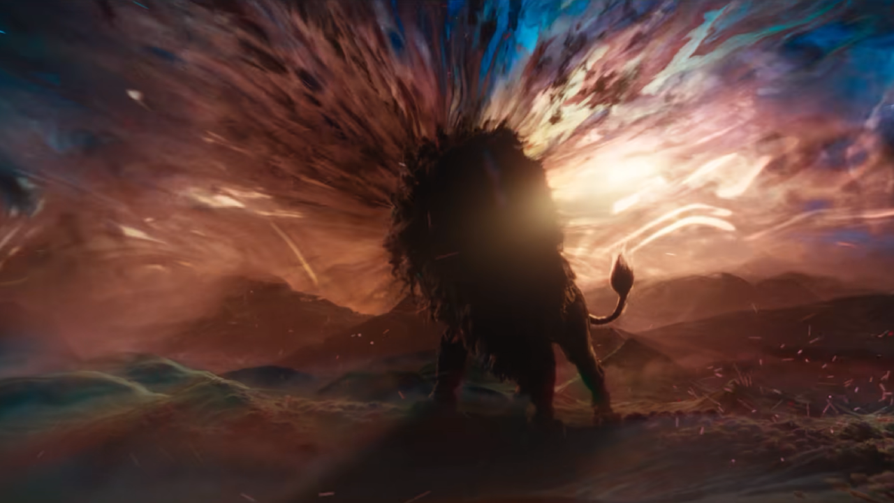 (190) NARNIA THE MAGICIAN’S NEPHEW Official Trailer Netflix 00-02-19 Aslan the lion against a colorful, explosive background
