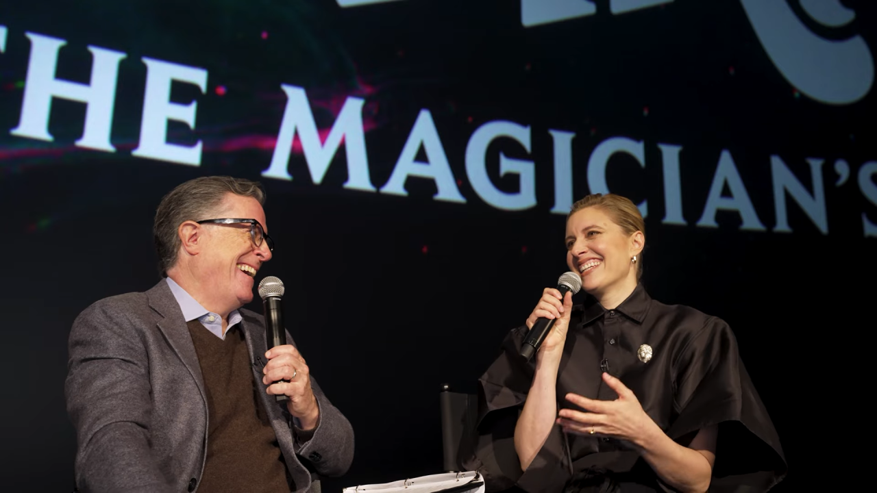 Stephen Colbert and Greta Gerwig laughing together