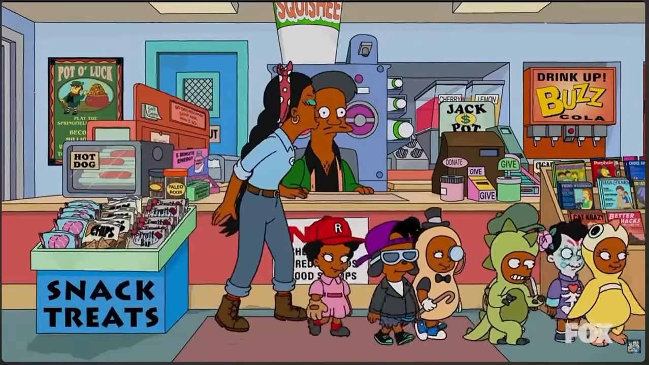 Apu being kissed by his wife as their children walk out of the store