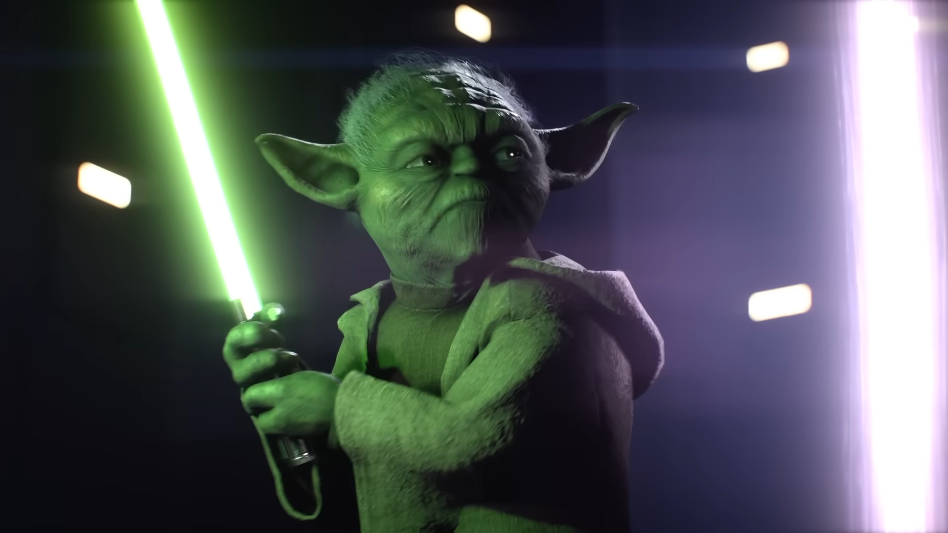 Yoda holding a light saber