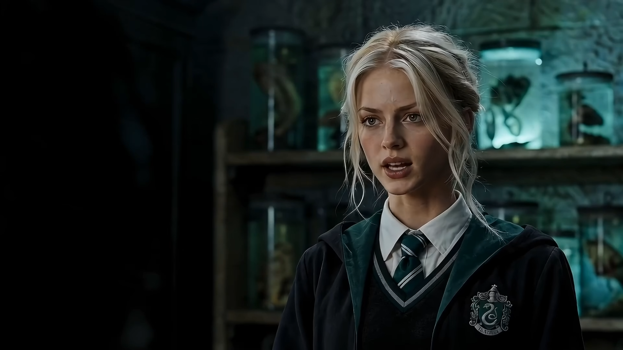 AI-generated image of a pale girl in a Hogwarts school uniform
