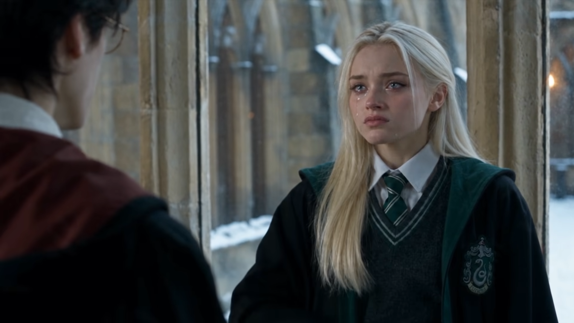 Draconia Malfoy with tears in her eyes looks at Harry Potter