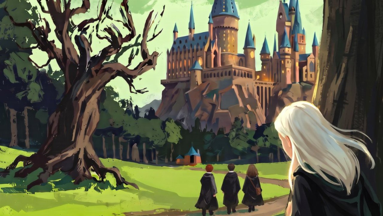 DOE Malfoid A girl hides behind a tree, watching three children walking along a path towards a castle