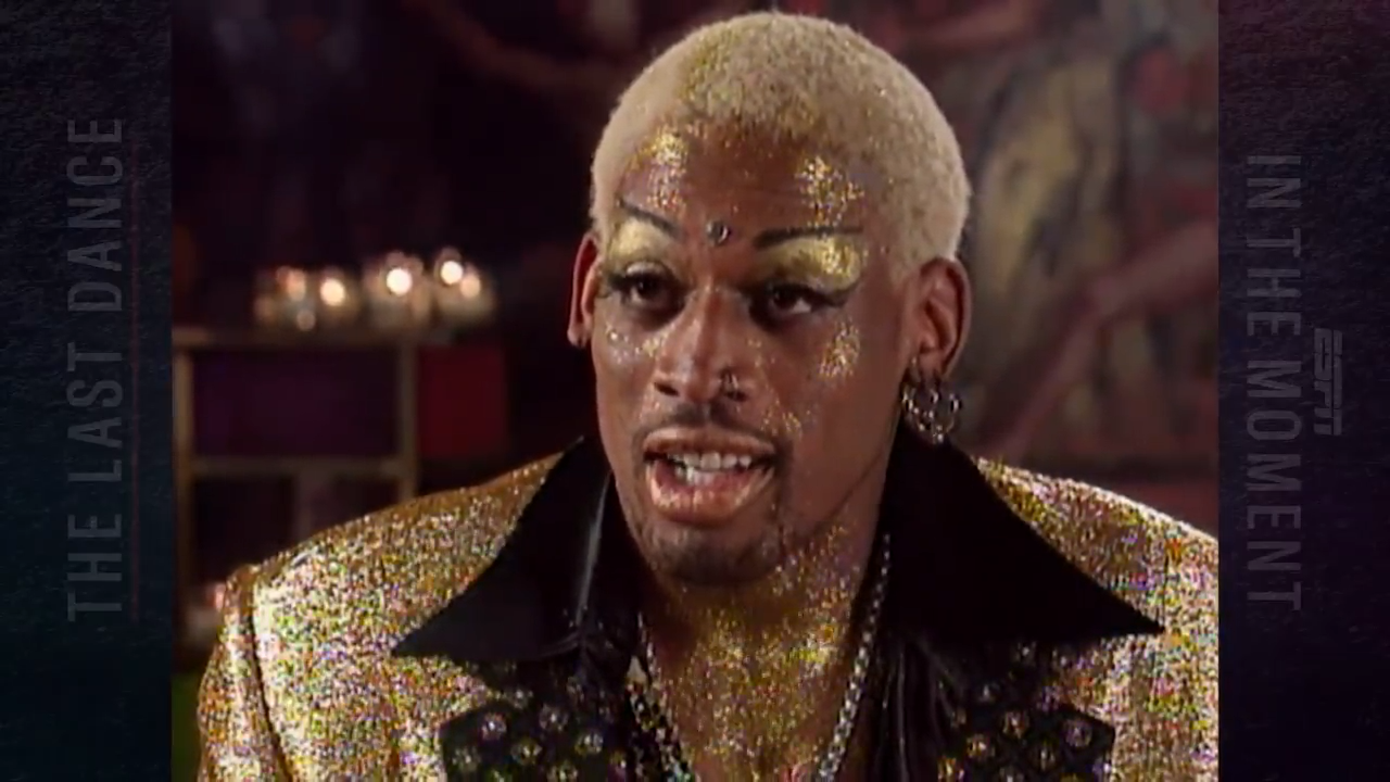 Dennis Rodman wearing heavy makeup and jewelry