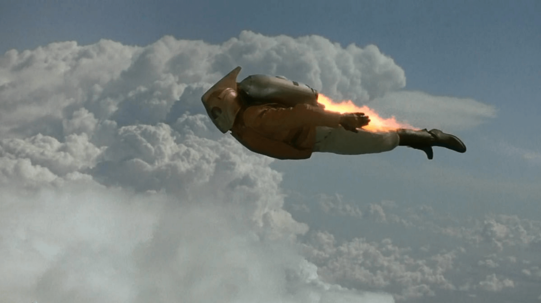 The Rocketeer flying in the clouds
