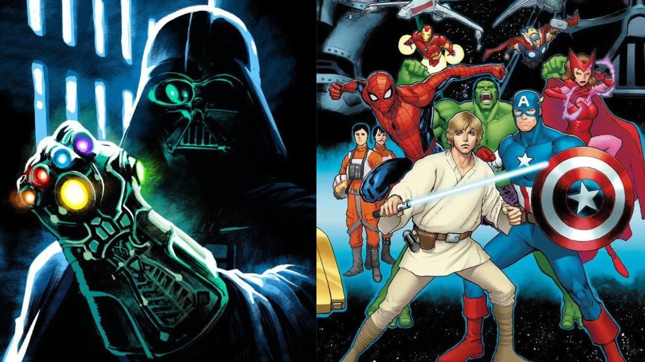 Star Wars Marvel Gauntlet Darth Vader with Infinity Gauntlet and an image for the Marvel Star Wars crossover