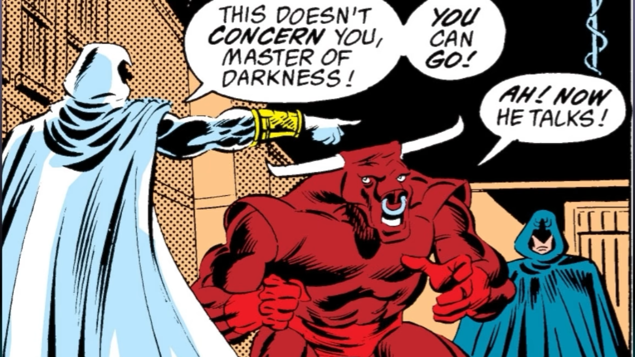 Comic book panel featuring Moon Knight and Taurus