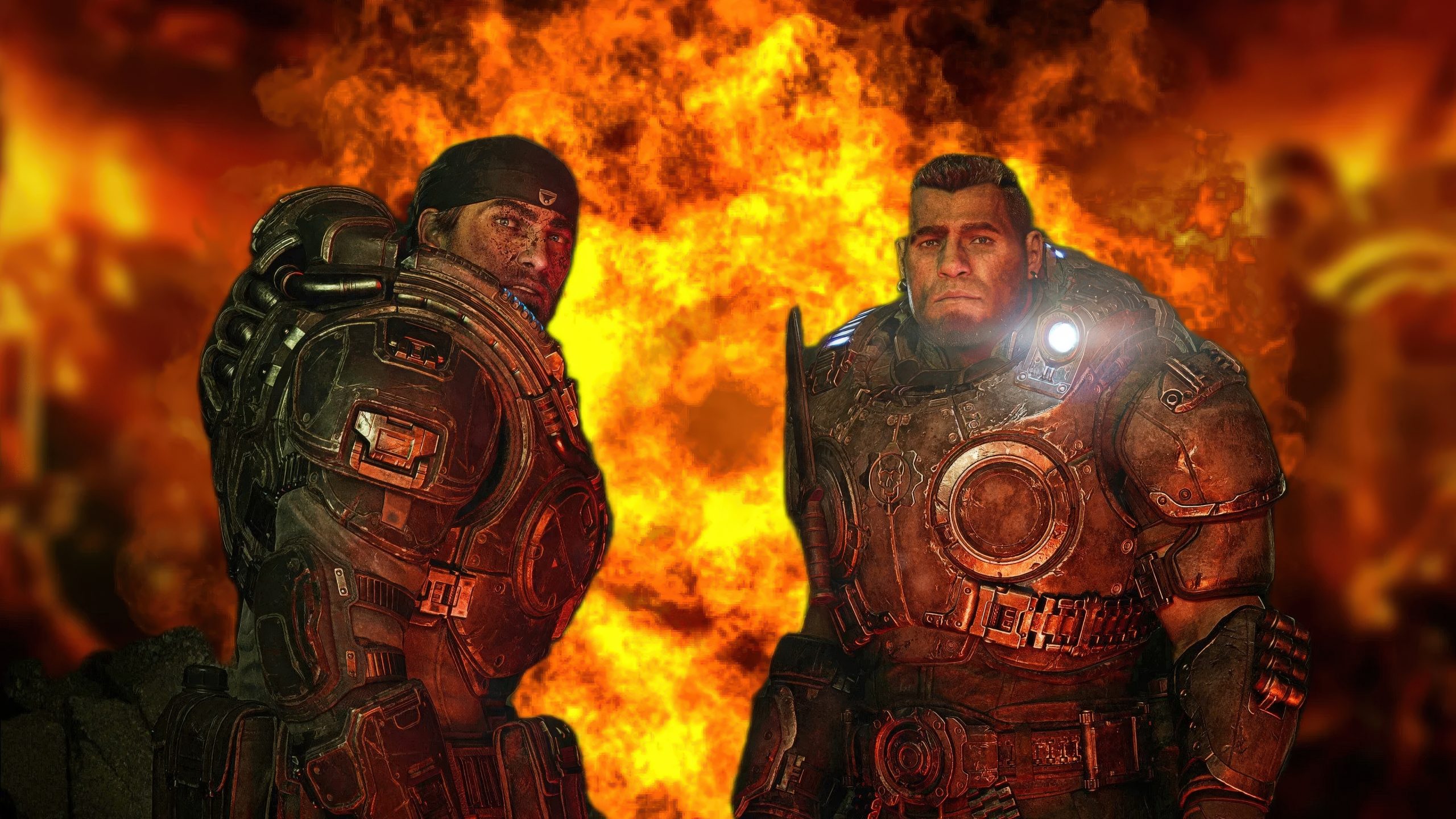 Two video game soldiers stand in front of an explosion