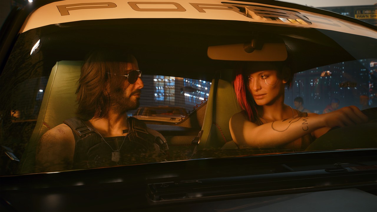 Johnny Silverhand riding in a car beside a red-haired character in Cyberpunk 2077