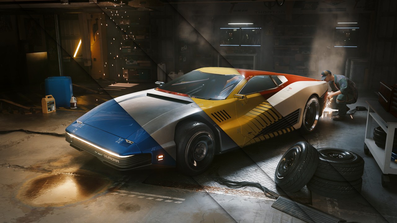 A mechanic works on a blue, white, and yellow sports car in a dim garage